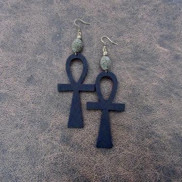 Large black Afrocentric ankh earrings, Egyptian earrings, African, statement earrings, bold earrings, wood earrings, fertility symbol 3 