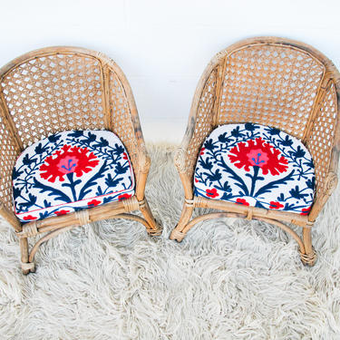 Adorable Set of 2 Vintage Children's Mid-Century Modern Woven Rattan and Bamboo Chairs with Suzani Cushions 