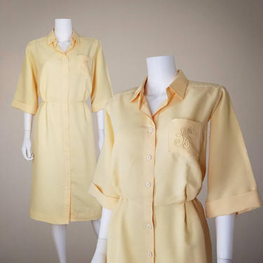 Vintage Yellow Shirt Dress, Large / 1980s Button Dress with Pockets / Pastel Yellow Day Dress / Short Sleeve 1950s Style Secretary Dress 