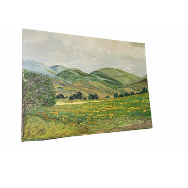 Vintage Countryside Scenic Floral Painting Valley Blue Green Yellow Sky Primitive Mid Century Modern Retro Deco Texture 
