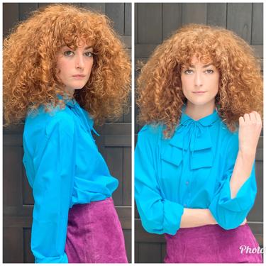 80s Turquoise Blue high neck Secretary Blouse Top Victorian 
