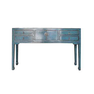 Chinese Oriental Rustic Blue Lacquer Drawers Slim Side Table cs6124E 
