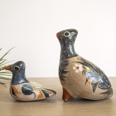 Pair of Vintage Mexican Tonala Birds | Two Mexican Pottery Figurines | Mexican Folk Art Bird Figurines | Made in Mexico | Burnished Pottery 