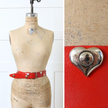vintage 1980s ~ 1990s red leather belt with silver metal hearts • Sweet Valentine novelty belt 
