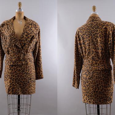 Vintage 80s Suede Leopard Print Moto Jacket Skirt Vakko Small Medium 