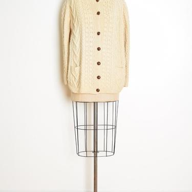 vintage 70s cardigan sweater cream wool Irish Bunratty fisherman jumper L clothing 