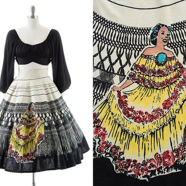Vintage 1950s Circle Skirt | 50s Mexican Lady Dancer Novelty Print Cotton Trompe L'Oeil Tourist Souvenir Skirt (medium) 