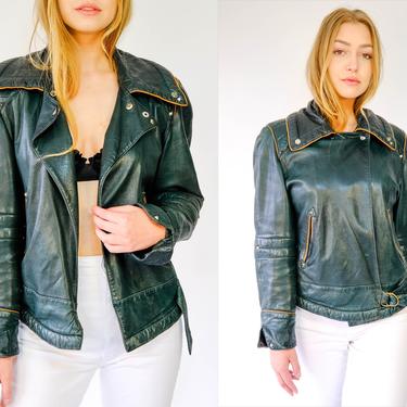 Vintage 80s Claude Montana Pour Ideal-Cuir Hunter Green Moto Leather Jacket | Made in Paris France | 1980s Designer Lambskin Leather Jacket 