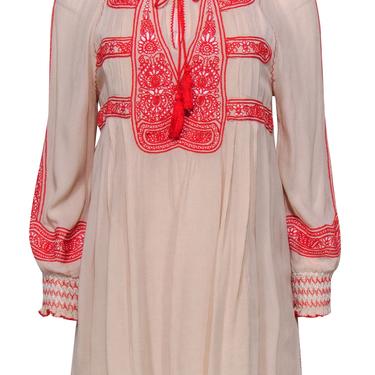 Free People - Beige, Red &amp; White Embroidered Shift Dress w/ Tassels Sz XS