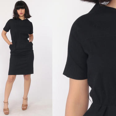 Sue Brett Junior Dress Black WOOL 1960s Mad Men Mini Sheath Cap Sleeve 60s LBD Party High Waisted 50s Pencil Pin Up Fitted Extra Small xs 