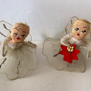 Vintage Net Angels, Pipe Cleaner Arms And Paper Mache Heads, Christmas Ornaments, Vintage White Angels 