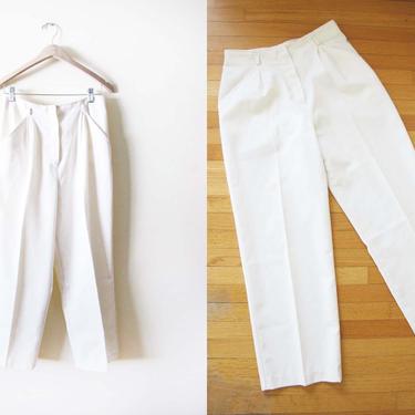 Vintage 70s White Trousers 29 - 1970s Womens High Waist White Pants - Pleated Trousers - Polyester Pants - 70s Clothing 