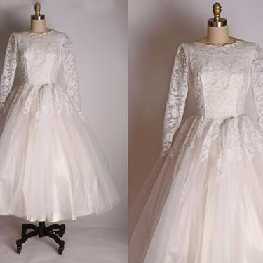 1950s White Cupcake Portrait Neckline Ankle Length Lace Sleeved Wedding Dress - XS 