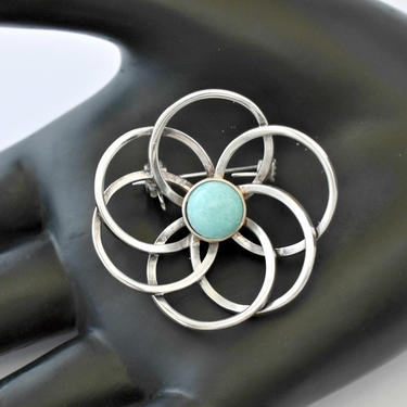 Vintage Ilaria 950 silver chrysoprase Modernist open flower brooch, abstract artisan made fine silver blue stone geometric floral pin 