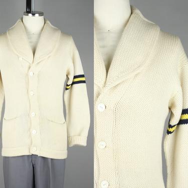 1930s Shawl Collar Cardigan · Vintage 30s Ivory Wool Sweater with Blue & Yellow Stripe · Small 