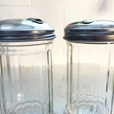 One Pair of Vintage Glass Sugar Shaker w/ Metal Top Designed To Match Fluted Pyrex Cute Retro Clear Glass Kitchen Display or Farmhouse Decor by LeChalet