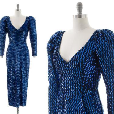 Vintage 1980s Party Dress | 80s Metallic Blue Sequin Long Sleeve Low Cut Plunging Full Length Maxi Formal Trophy Gown (small/medium) 