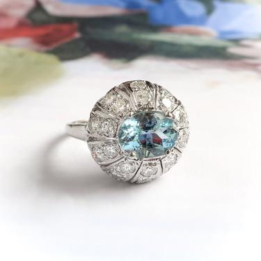 Vintage 2.10ct t.w. Aquamarine Diamond Cocktail Engagement Ring 14K White Gold 