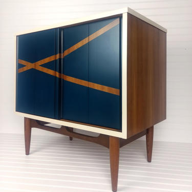 SOLD to DARIO - Modernist Mid Century Bar, Storage Console, or Record Cabinet w/ Geometrical Design 
