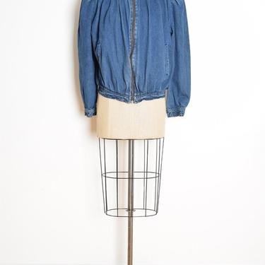 vintage 80s jean jacket denim blue puff sleeve bomber coat womens L XL clothing 