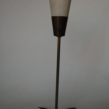Mid Century Brass Free Standing Torchiere Table Lamp w/ Perferated Cone Shade 