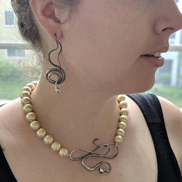 Evelyn's Revival Serpent &amp; Edison Pearl Necklacw - Snake, Forged silver, ooak, Cleopatra, charmer, nouveau 