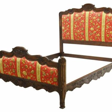 Antique Bed, French Louis XV Style Upholstered Oak Bed, Red and Gold, 1900's!!