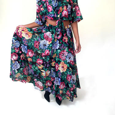 VINTAGE 80s Black Floral Multi-Color Skirt Set Sz S-M 