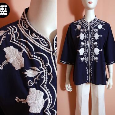 Comfy & Cool Vintage 60s 70s Dark Blue Cotton Tunic with White Floral Embroidery 