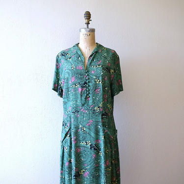 1940s novelty print dress . vintage 40s green rayon dress 