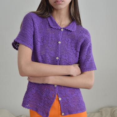 purple net crochet short sleeve cardigan 