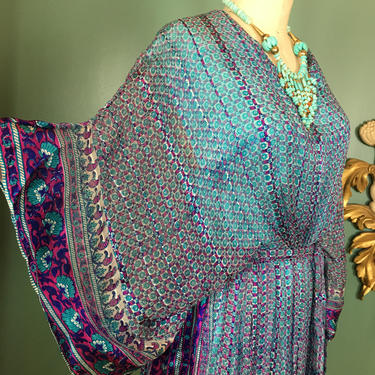 1970s boho dress, paper thin silk, kimono sleeve dress, vintage 70s dress, hippie dress, Indian dress, 27 waist, block print silk, aqua 