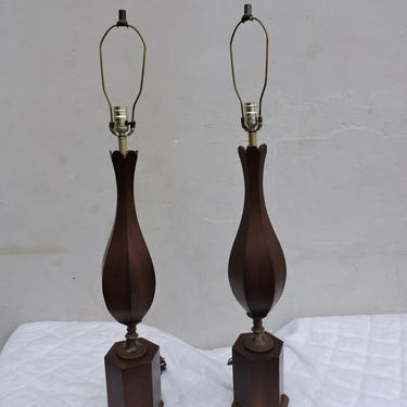 Mid Century Modern Pair of Tall Wood Table Lamps 6324