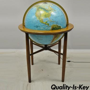 Mid Century Modern Replogle Illuminated Floor Globe on Wooden Base Stand