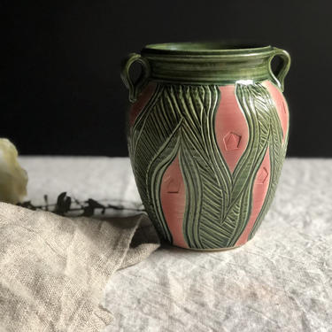 Vintage Green and Pink Studio Pottery Vase, Palm Green Leaf Vase, signed 