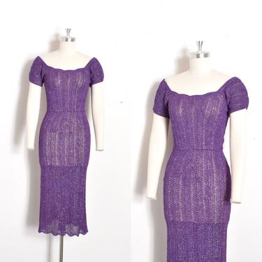 Vintage 1940s Dress / 40s Metallic Ribbon Wiggle Dress / Purple ( XS S ) 