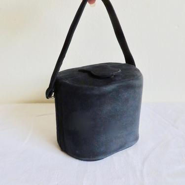 Vintage 1940's 50's Dark Midnight Blue Suede Stuctured Oval Box Purse Top Handle 40's Navy Handbag Rockabilly Accessories 