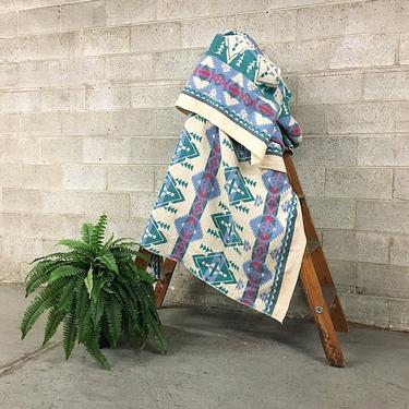 Vintage Beacon Wool Blanket Retro 1960's Size 76x91 Blue Navajo or Southwestern Printed Bedspread Pendleton Style 