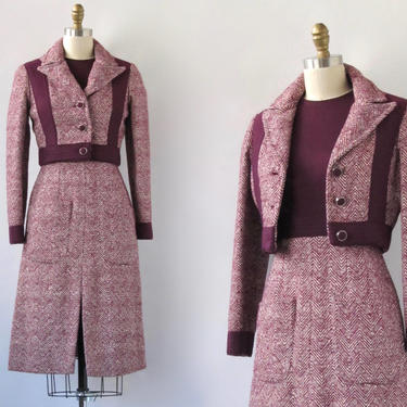 OSCAR DE La RENTA Vintage 1970's 2 Piece Dress with Crop Jacket | Mod Herringbone Tweed Suit | Designer Vintage | Size Small 
