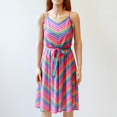 70s rainbow stripe dress / rainbow sundress / chevron stripe dress / small medium 