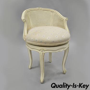 French Country Louis XV Style Swivel White Distress Painted Cane Vanity Chair