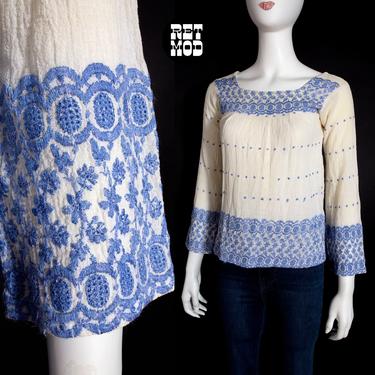Lovely Vintage 70s Blue &amp; White Gauze Embroidery Hippie Blouse 