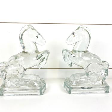 Vintage Heavy Clear Art Glass Rearing Horses Bookends Mid Century Modern 