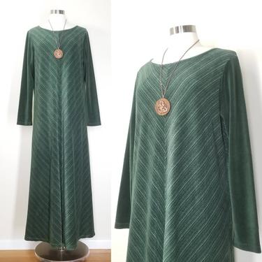 Vintage Velour Maxi Dress, Extra Large / Boho Chic Long Flared Dress / Pine Green Trapeze Dress / 1990s Chevron Stripe Long Sleeve Dress 