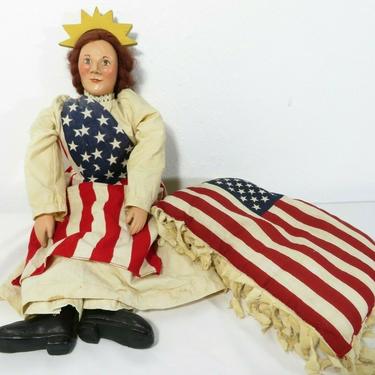 Vtg LADY LIBERTY FOLK ART WOOD CLOTH DOLL W/ PILLOW American Flag USA July 4th