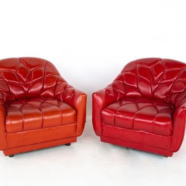Vladimir Kagan Style Mid Century Tufted Red Naugahyde Lounge Chairs - A Pair - mcm 
