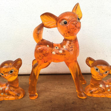 Vintage Orange Lucite Deer, Set Of Plastic Doe And Fawns, Cake Topper, Kitsch, Deer Lovers, Made In Hong Kong 