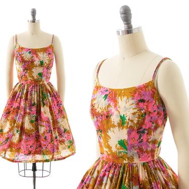 Vintage 1950s 1960s Sundress | 50s 60s Silk Floral Printed Spaghetti Strap Full Skirt Fit and Flare Day Dress (x-small) 