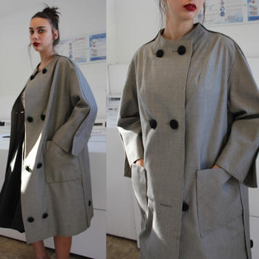 50s A-Line Double Breasted Houndstooth Collarless Mod Coat | high neck, houndstooth plaid, designer 