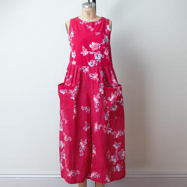 1990s Red Floral Print Jumpsuit / 90s Wide Leg Cotton Romper Java Wraps 